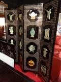 CHINESE COROMANDEL SCREEN WITH INLAID MOTHER OF PEARL AND APPLIED CARVED STONE URNS