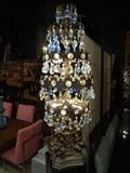 MID CENTURY ORNATE TABLE CHANDELIER, CIRCA 1960's, WITH GILT METAL FIGURAL BASE, CRYSTAL DROPS, APPROX 43 INCHES TALL!