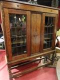 ANTIQUE BOOKCASE CABINET WITH LEADED GLASS DOORS