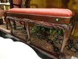 CHIPPENDALE STYLE BENCH WITH DRAGONFLY MOTIF RED AND GOLD UPHOLSTERY