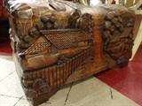 CARVED WOOD CHEST, CENTRAL AMERICAN, WITH HIGH RELIEF CARVED VILLAGE SCENE, APPROX 32"L X 20"H X 18"D