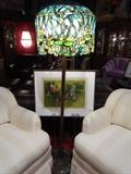 LEADED GLASS FLOOR LAMP, WATER LILY MOTIF DOME SHADE, ART NOUVEAU STYLE METAL BASE WITH WATER LILIES AND MOSAIC TILES