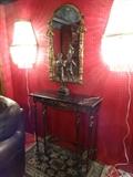 NEOCLASSICAL GILT METAL CONSOLE TABLE AND MIRROR WITH BLACK MARBLE TOP
