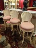 SET OF 3 HOLLYWOOD REGENCY STYLE SHELL BACK BARSTOOLS, BLUSH CUSHIONED SEATS