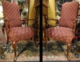 PAIR QUEEN ANNE GOOSE NECK ARM CHAIRS, HIGH BACKS, BURGUNDY UPHOLSTERY