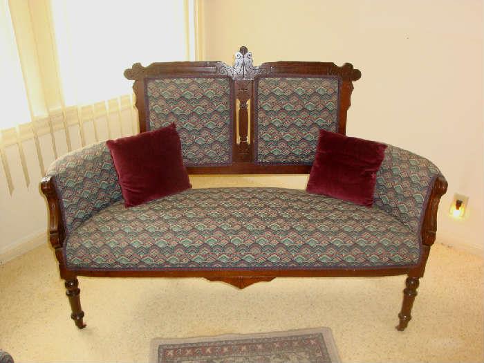 ANTIQUE SETTEE WITH MATCHING CHAIR - PEACOCK PRINT