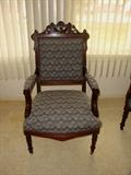 ANTIQUE PARLOR CHAIR WITH MATCHING SETTEE - PEACOCK PRINT