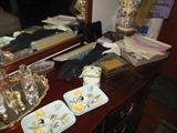 Vintage Gloves, Hankies, Casket Boxes, Dresser Tray adorne the beautiful Mahogany Deco Dresser
