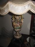 Italian Cupid Hand Painted Brass Base Table Lamp with Brand New Silk Shade.Took Plastic off of it from when purchased 3/27/1952!!