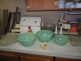 Fire King Green Jadeite Bowls, Vintage Items,Vintage Metal Cake/Pie safe Bread Box