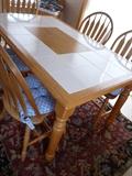 OAK DINING TABLE WITH TILE TOP AND 6 CHAIRS