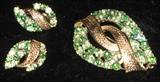 Vintage Coro Green Rhinestone Crystal Brooch & Clip Earring Set