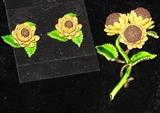 Vintage Enamel Sun Flower Brooch and Clip Earring Set