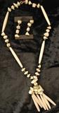 Vintage Bone Bugle Bead Tassel Necklace and Pierced Earrings