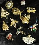 Collection of Vintage Brooch's: Oval Hand Painted Violet Porcelain, Aura Borealis Crystal Scarf Slide, "Gerry's" Enamel Ornament Christmas Tree, Gold Tone Rhinestone Paisley, Enameled Leopard, "Art" Rhinestone Christmas Tree, Rhinestone Angel, Rhinestone Butterfly, Enamel/Rhinestone Hot Air Balloon, Rhinestone Dragon Fly, Rhinestone/Painted Bird and Spain Folding Fan Brooch/Pendant