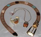 Wonderful Vintage Mesh Belt with Natural Stone Tiles - Whiting & Davis Scenic Stone Tile Necklace & Matching Cuff Bracelet