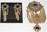 Vintage "ART" Signed Exquisited Garnet Crystals & Simulated Turquoise Beads in a gold-tone setting with draped chains & crest Pendant Brooch & Earring Set
