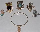 A Collection Vintage Owl Brooches and an Anne Caviness Owl Pendant Bangle Bracelet
