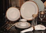 Sango "Georgetown" 8455 5 Piece Place Setting Service for 8 China. Also shown is Customcraft Gold Plated Stainless Flatware 4 piece Place Setting Service for 8 and Napkin Rings