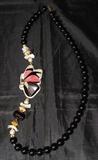 Vintage Black Bead Necklace with inlaid Mother-of-Pearl and Abalone Butterfly