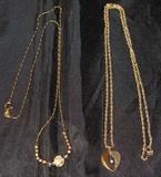 14Kt Gold Delicate Chain Necklace w. yellow, rose, white gold beads, 14Kt Gold Chain with Heart/Diamond Pendant