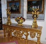 MARBLE TOP CONSOLE TABLE - BRONZE AND MARBLE URNS WITH CANDELABRAS