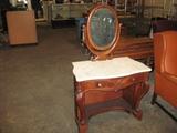 Circa:1850's Marble Top Wishbone Mirror Plantation Period Vanity dresser with Burl Walnut trim.