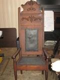 Oak Throne chair turn of the century Odd Fellows Lodge chair with Odd Fellows Emblem at the top of chair.