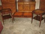 3 piece leather inlay mahogany coffee and lamp tables.