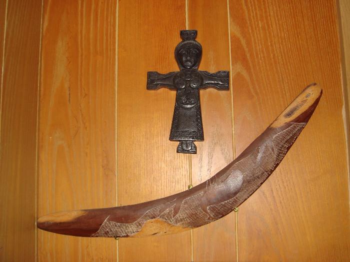 boomerang Australian wood carved and Irish Robed Christ from Ireland 
