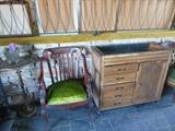 Antique Hand Carved Mahogany Arm Chair With Green Velveteen Spring Seat. Dry Sink/storage
