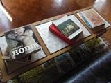 Many Coffee Table Books. Traditional Marble top coffee Table. Walnut Frame Drawers