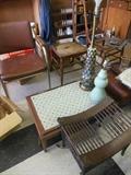 Mid Century Various Table Lamps Tile Table. .Vintage Spindle bench ..needs some work.