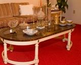 ITALIAN STYLE WOOD AND GLASS TOP COFFEE TABLE AND MATCHING END TABLES