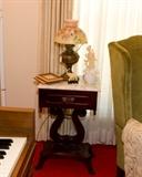 LYRE BASE MARBLE TOP TABLES (3)  BRASS BASE LAMP WITH PAINTED SHADE