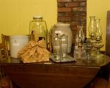 OLD OIL LAMPS, CROCK AND CHURN