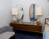 "RETRO" BED, DRESSER/MIRROR, LAMPS, END TABLE AND BENCH