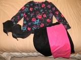 1. Warm nubby fabric jacket. Size 14. Lining needs work. Zippered back. Black with floral print. See picture for trim detail. 2. “Printemps” black skirt. European size 44. Side metal zipper. Split on each side. Hangs sightly below knee length. 3. Rose pink skirt. Lighter material. Needs new waist elastic & rehemming.Knee length. 4. “Ransohoffs” black lace boots. Appear size 7-8. Pointy toes. Missing left insole. Left insole marked Texon .