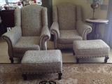 Pair, linen chairs with footrests