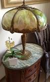 Antique green slag glass table lamp