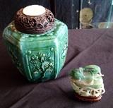 Antique ginger jar with carved wood, jade top, carved green jade figural bird box