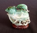 Antique green jade carved figural bird box, carved stand