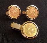 Genuine Gold Coin cufflinks, tie bar, mounted in 14K gold
