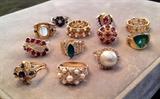 Selection  of gold rings, various stones, pearls