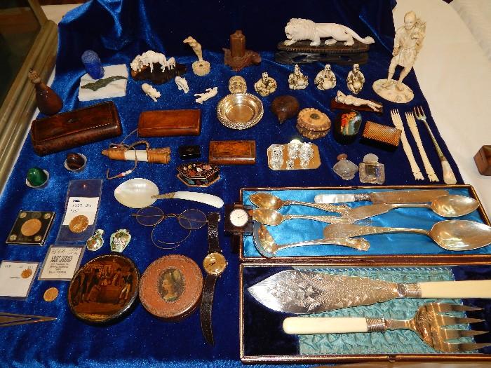 Ivory, snuff boxes, gold coins, sterling, etc.