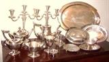 GORHAM PLYMOUTH PATTERN STERLING TEA SET WITH TRAY; STERLING CANDLESTICKS; STERLING GRAVY BOAT; STERLING VEGETABLE DISH & COVER; STERLING TEA STRAINER