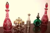 EARLY BOHEMIAN DECANTERS; OLD NEWBURY CRAFTERS STERLING BOTTLE CRUET; GERMAN SPIRITS BOTTLE