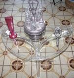 Lucite Half Round Table; Zellique Art Glass; Victorian Castor Set