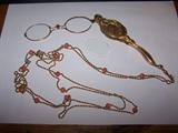 14k Gold Art Nouveau Lorgnette & 14K Gold Lorgnette Chain with Coral Beads
