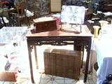 CHINESE ROSEWOOD TABLE; HAWKES CUT GLASS ICE CREAM TRAY; ROSEWOOD TEA CADDY; APOTHECARY CABINET